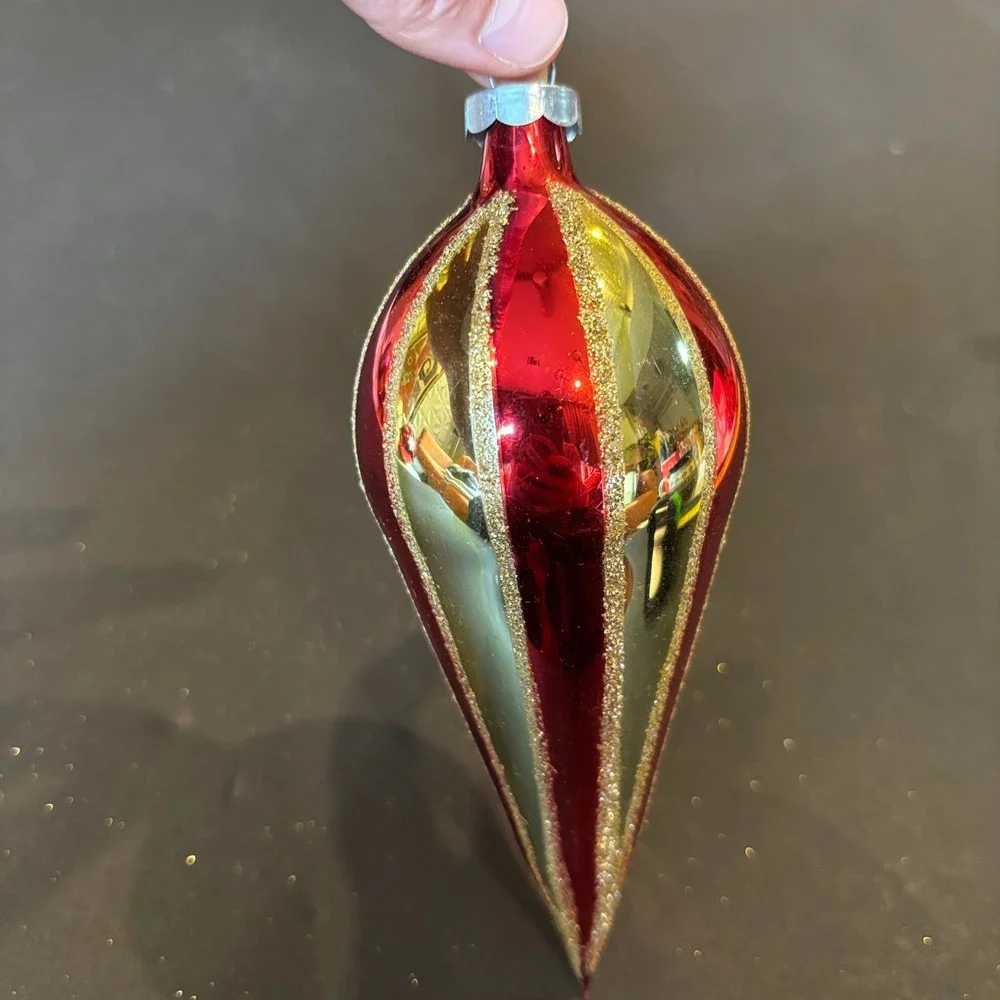 Vintage Teardrop Christmas Ornament Red Gold Glitter Striped Glass USA Made